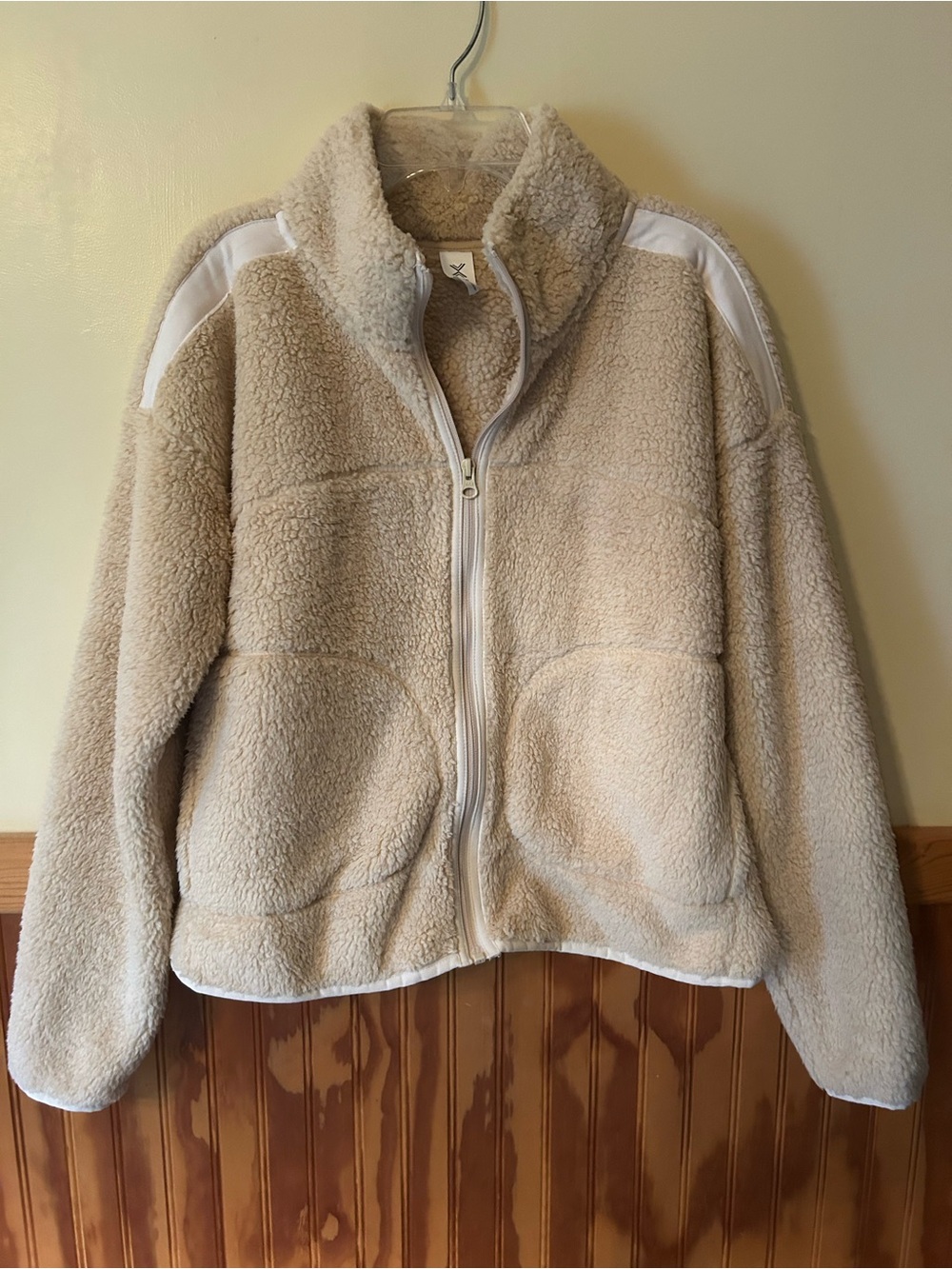 Xersion Fleece Oversized Faux Fur Zip-Up Jacket in Beige